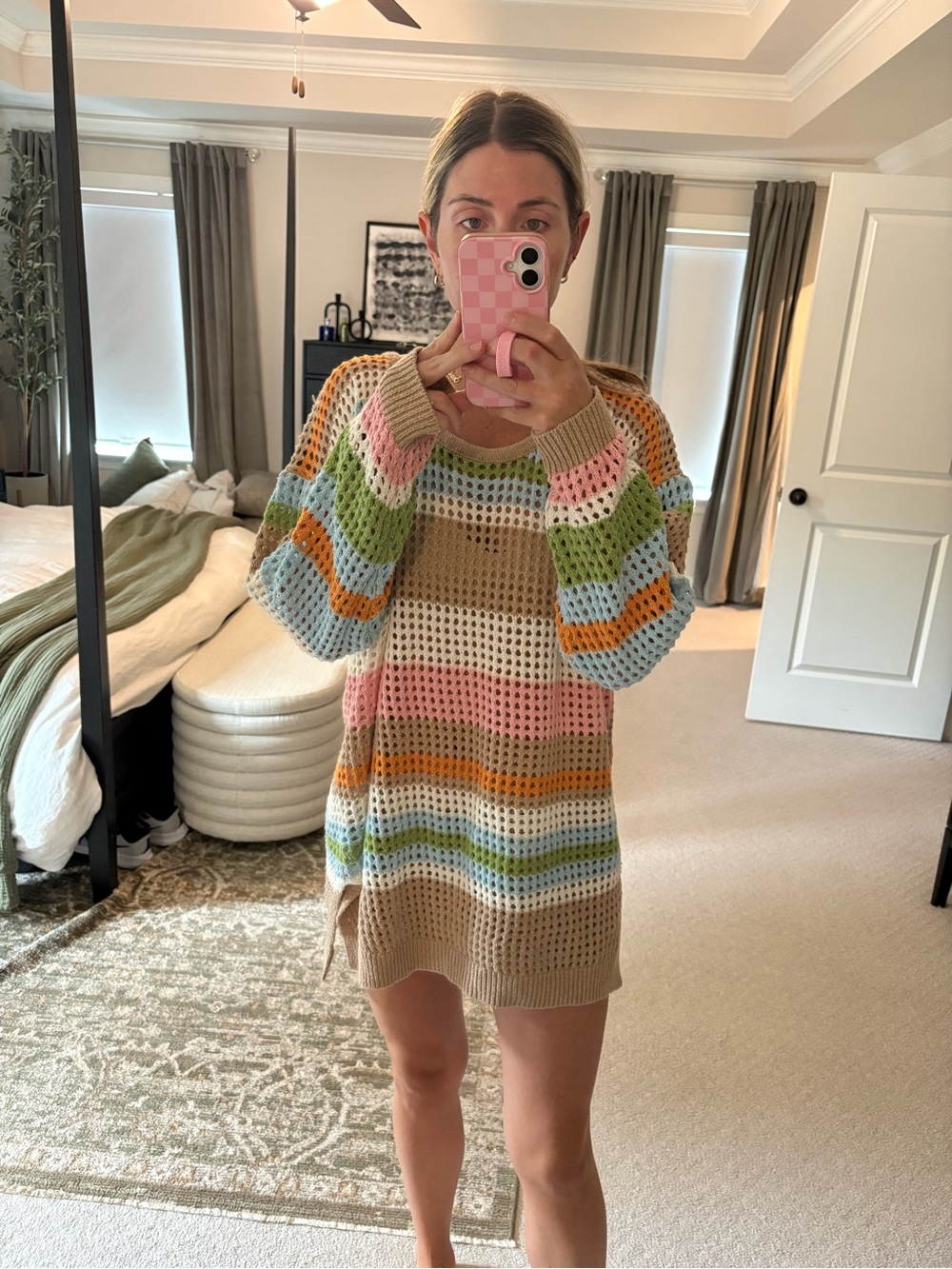 Pink Lily Striped Crochet Swim Coverup in Beige, Pink, Green, Blue, Orange
